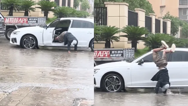 man-walks-on-hands-to-save-shoes-from-getting-dirty-in-water-internet-is-not-impressed-viral-video